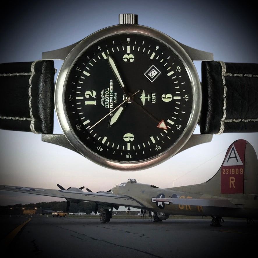 B-17 Tribute - Stainless Steel, Brush Finish, Black Dial, Black Leather Band with Stitching
