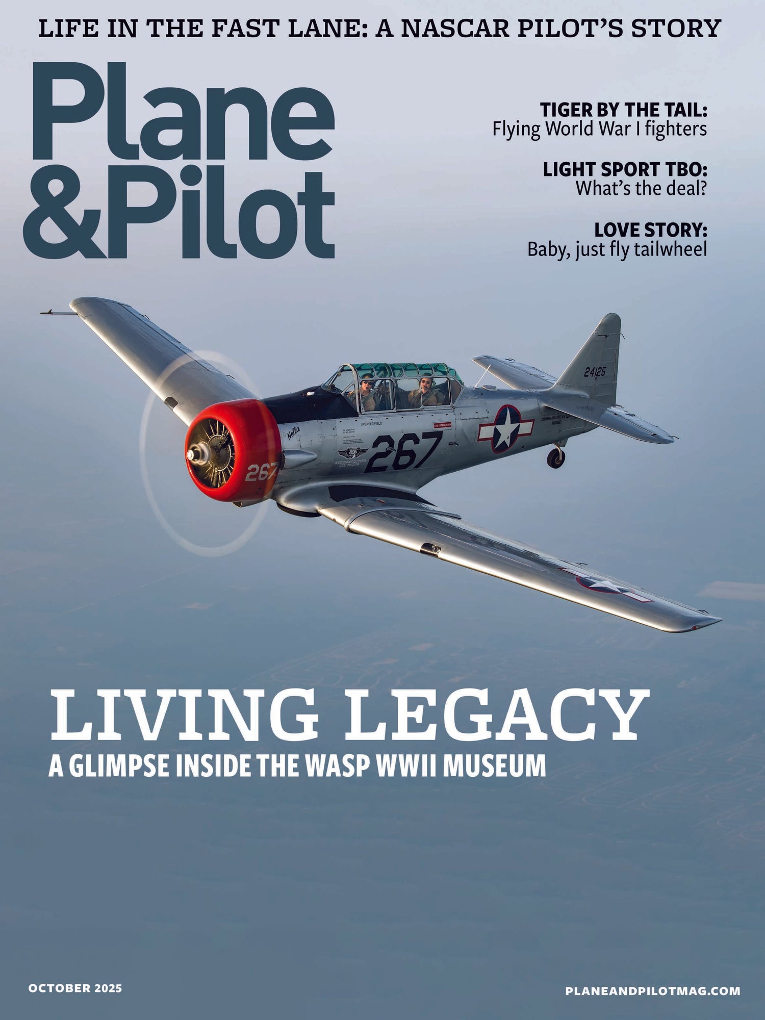 Magazine cover featuring a World War II fighter plane with text about a Nascar pilot's story and museum visit.