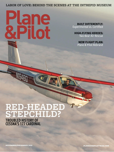 Magazine cover featuring a red and white airplane with text about the Intrepid Museum and Cessna's 177 Cardinal.
