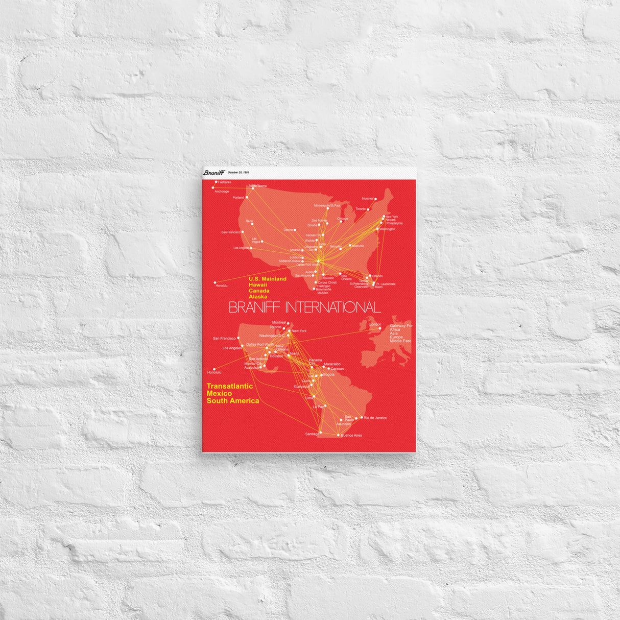 Braniff International October 1981 Airline Map Canvas