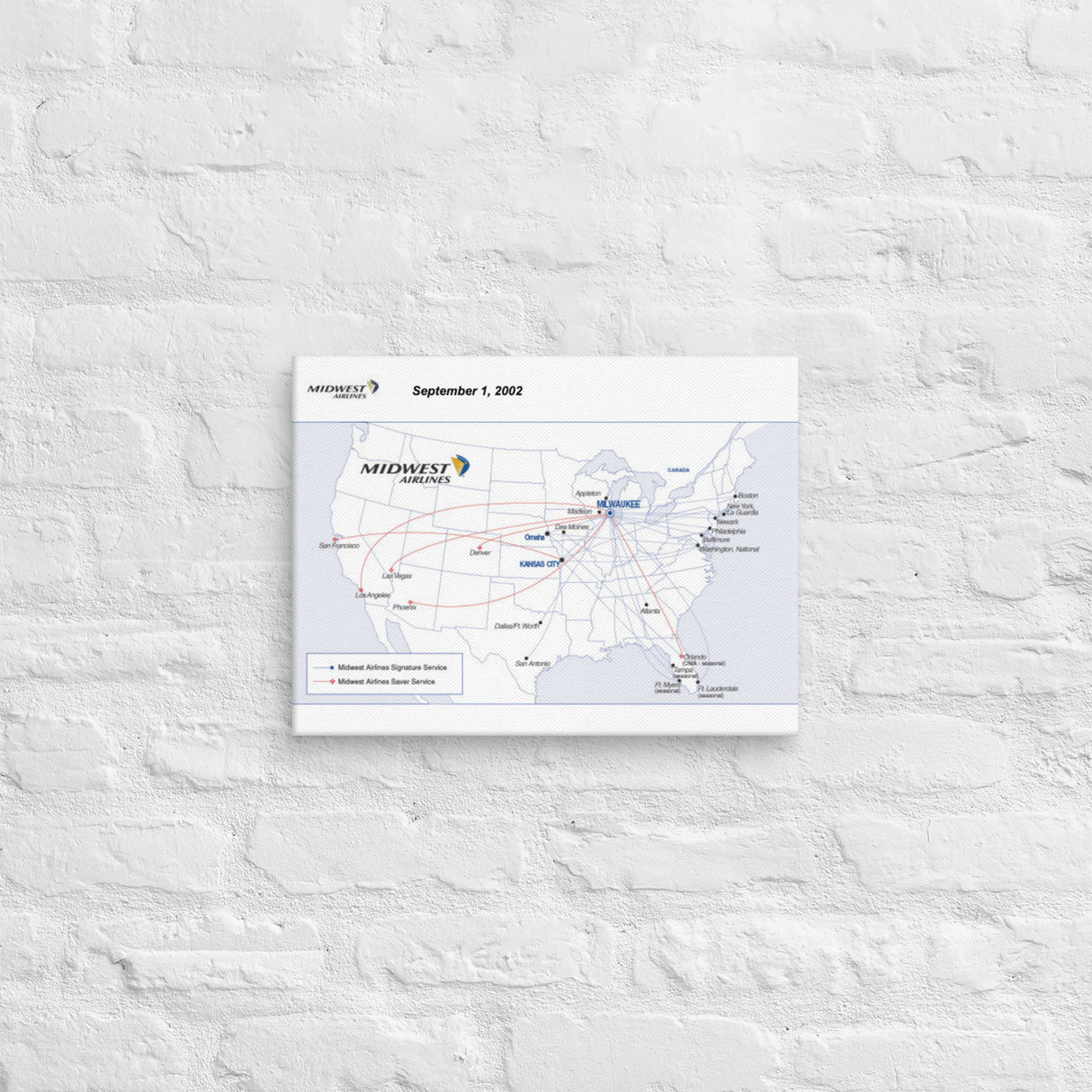 Midwest Airlines September 2002 Airline Map Canvas