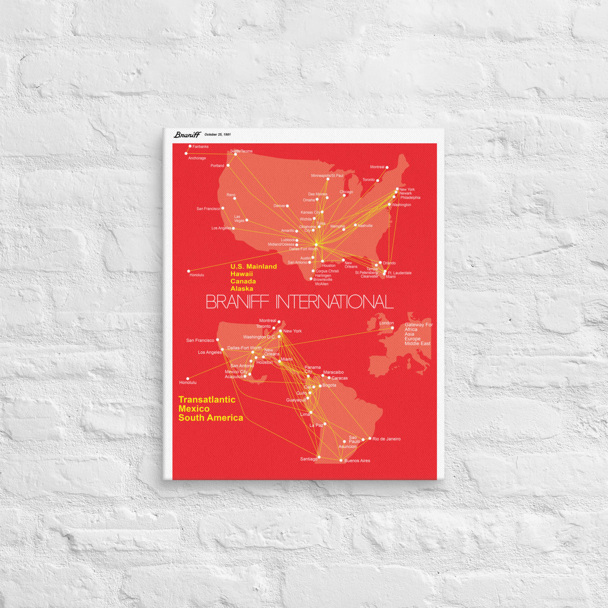 Braniff International October 1981 Airline Map Canvas