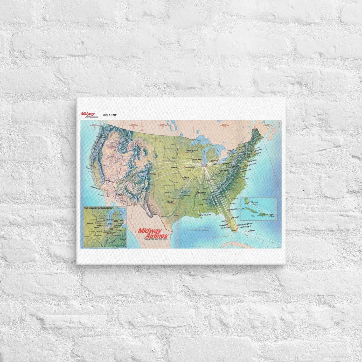 Midway Airlines May 1989 Airline Map Canvas