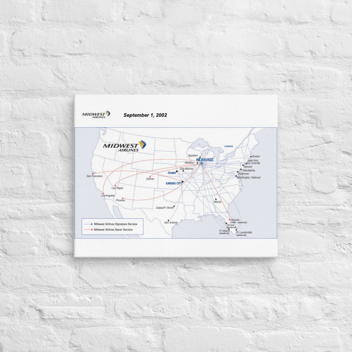 Midwest Airlines September 2002 Airline Map Canvas