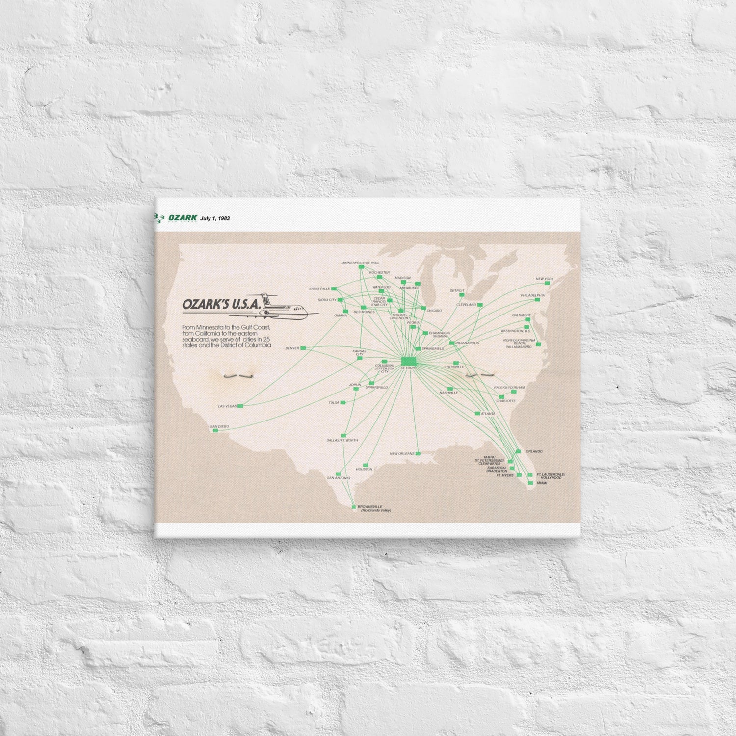 Ozark Airlines July 1982 Airline Map Canvas