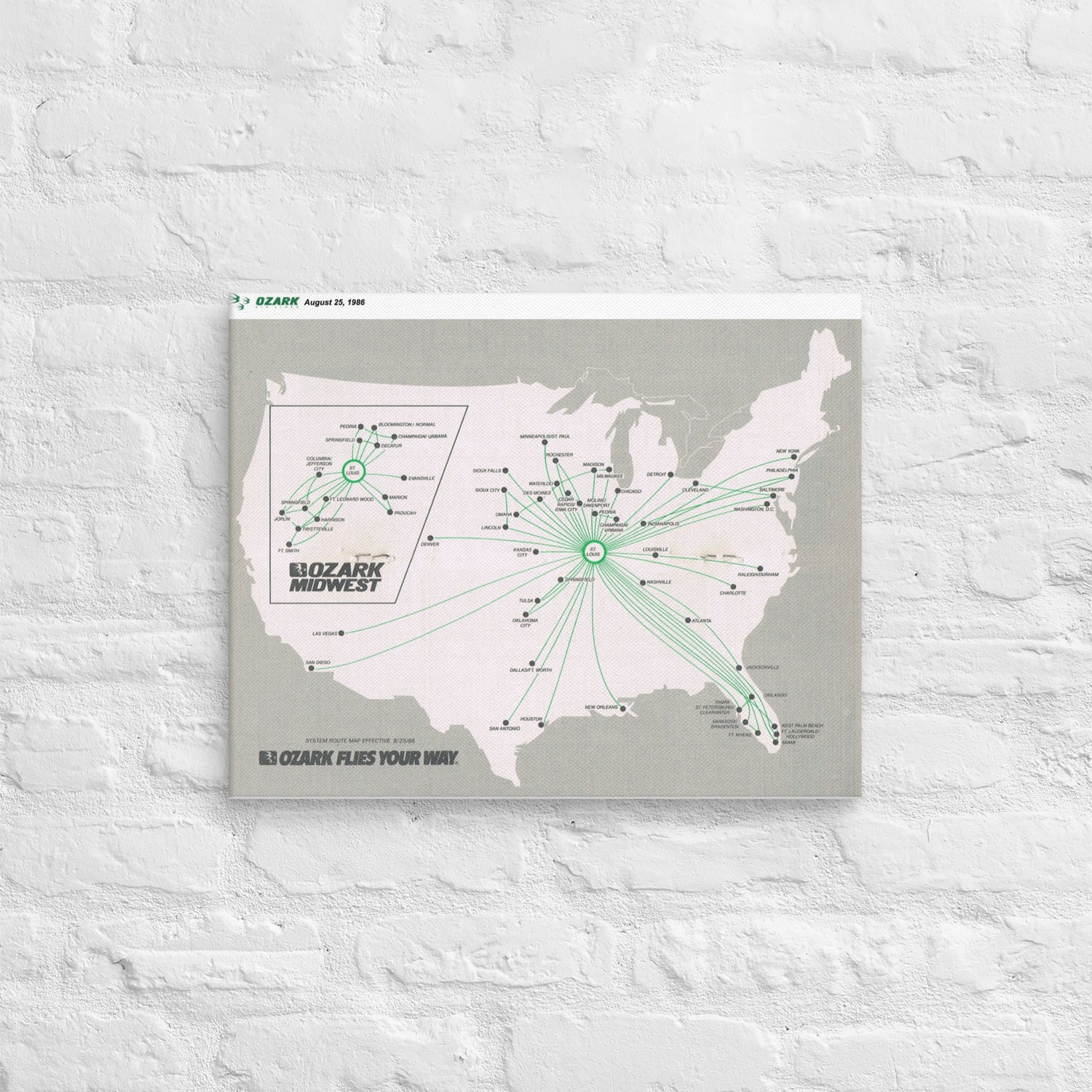 Ozark Airlines August 1986 Airline Map Canvas