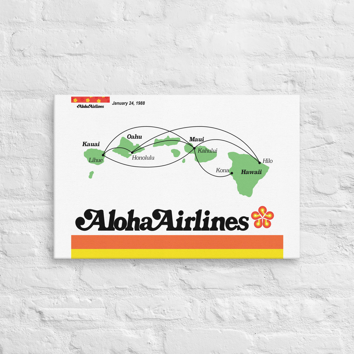 Aloha Airlines January 1988 Airline Map Canvas