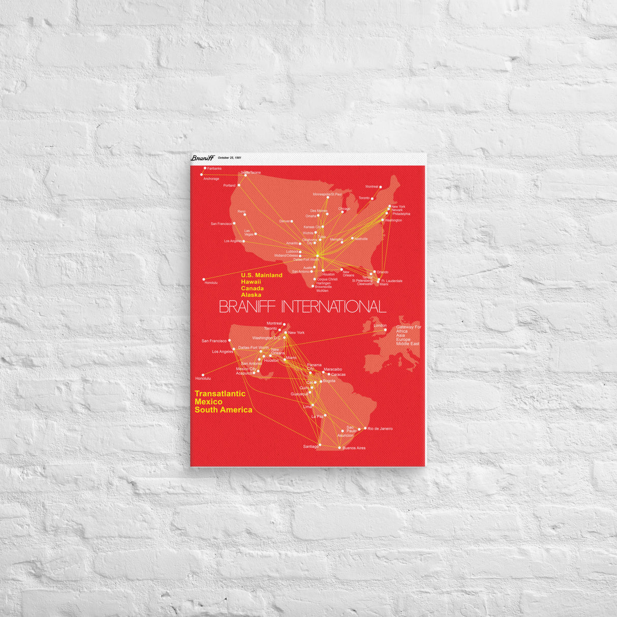 Braniff International October 1981 Airline Map Canvas