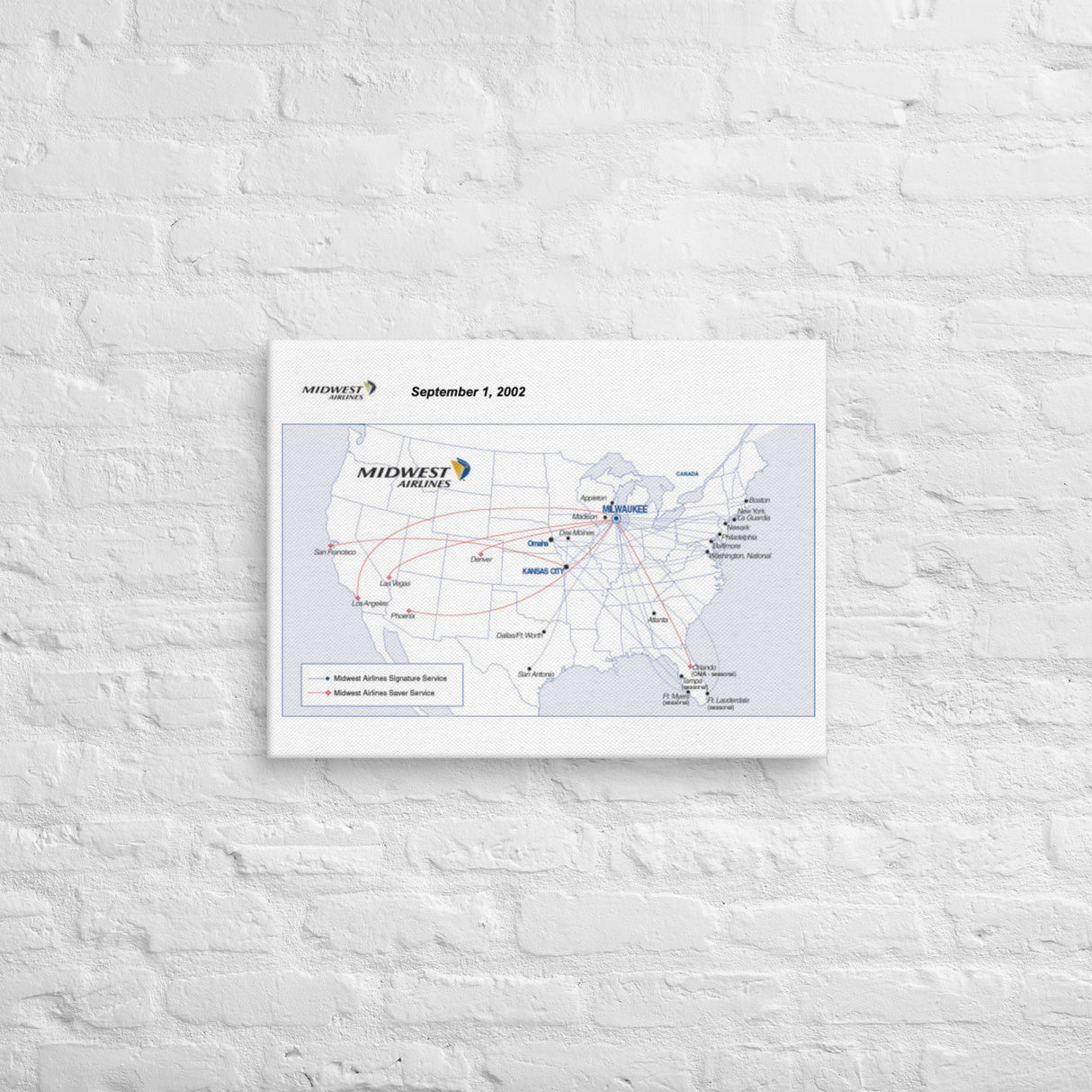 Midwest Airlines September 2002 Airline Map Canvas