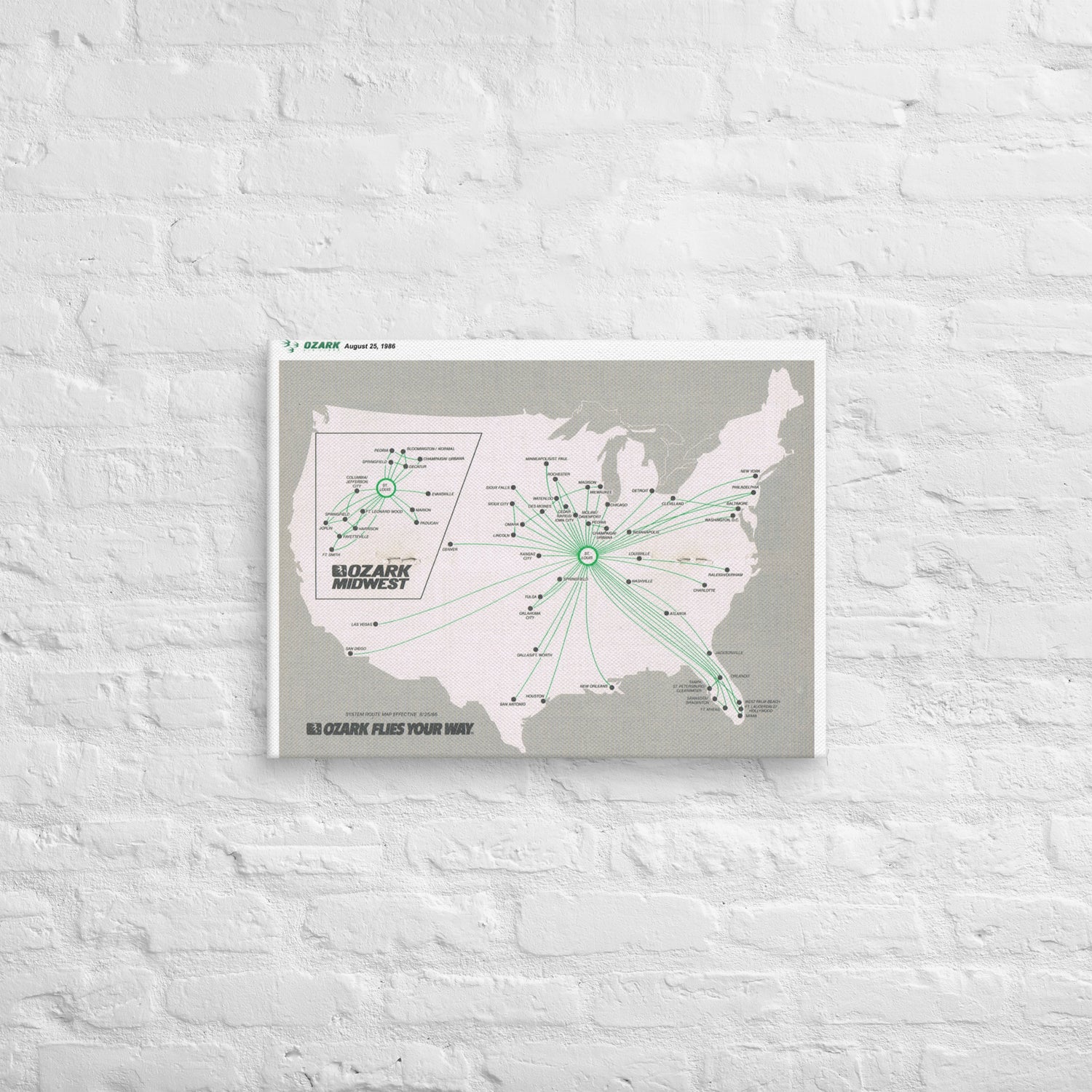 Ozark Airlines August 1986 Airline Map Canvas