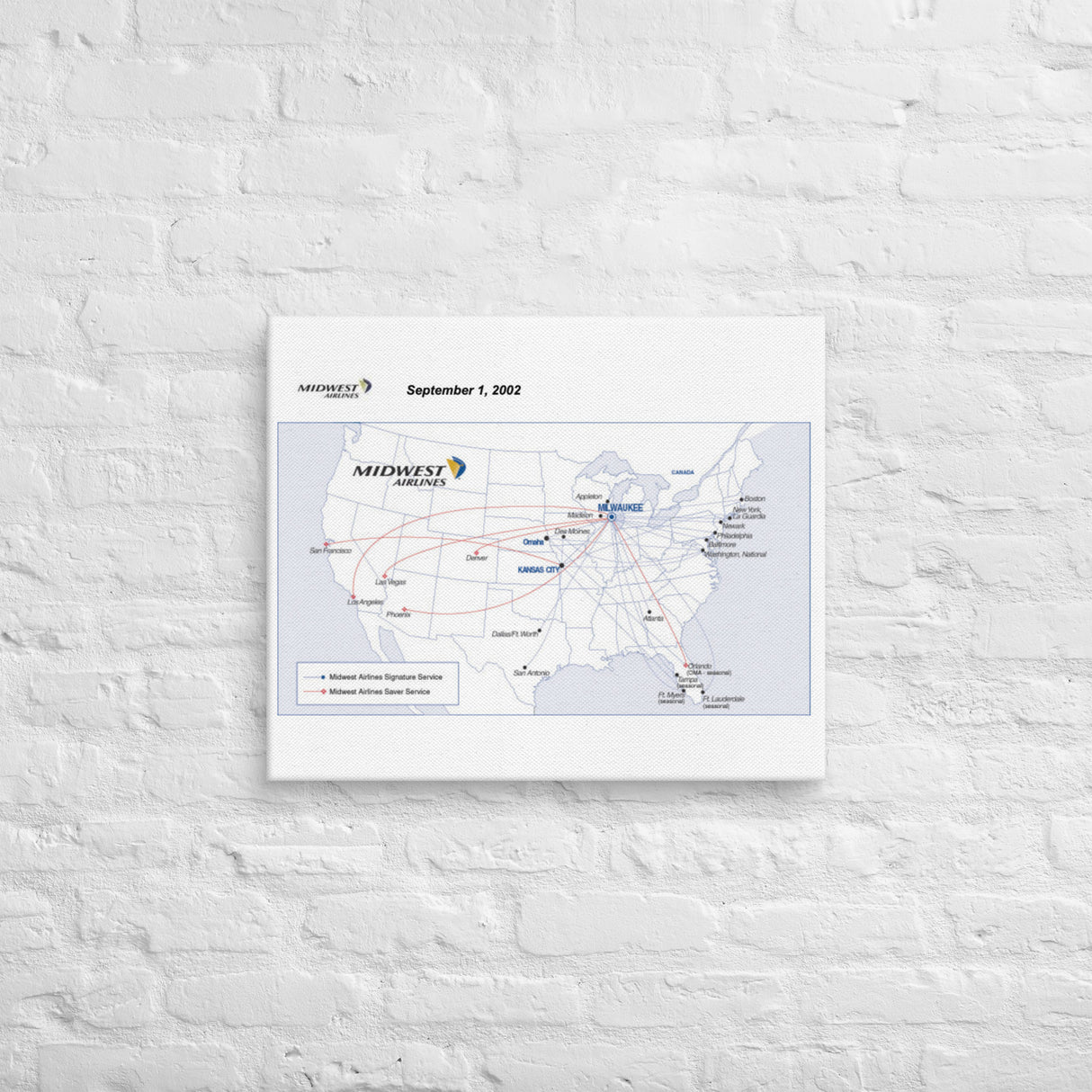 Midwest Airlines September 2002 Airline Map Canvas