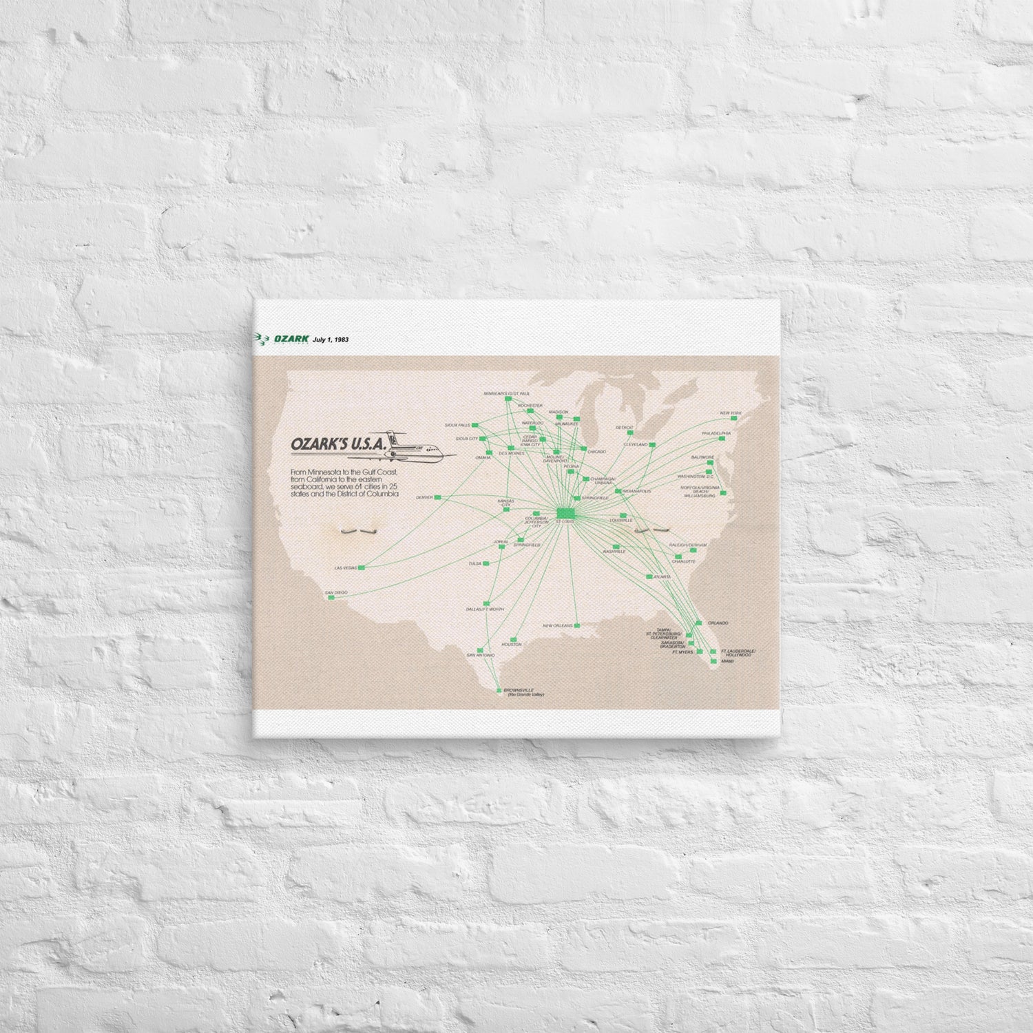 Ozark Airlines July 1982 Airline Map Canvas