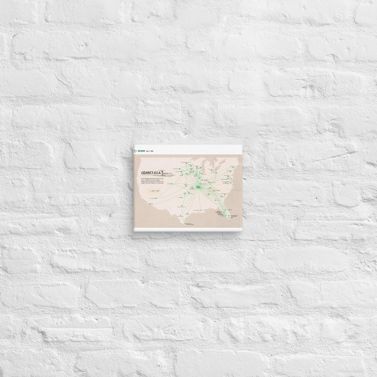 Ozark Airlines July 1982 Airline Map Canvas