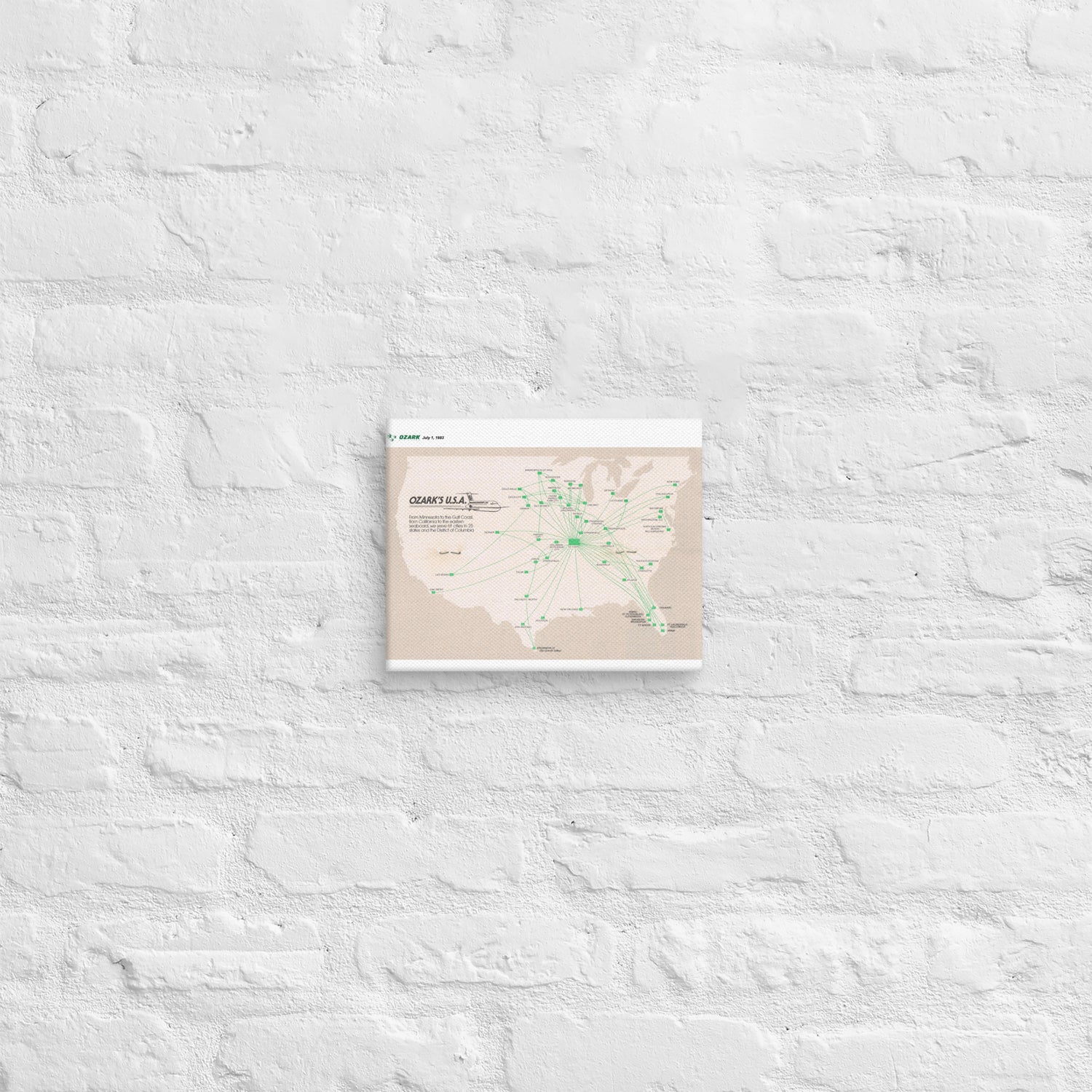 Ozark Airlines July 1982 Airline Map Canvas