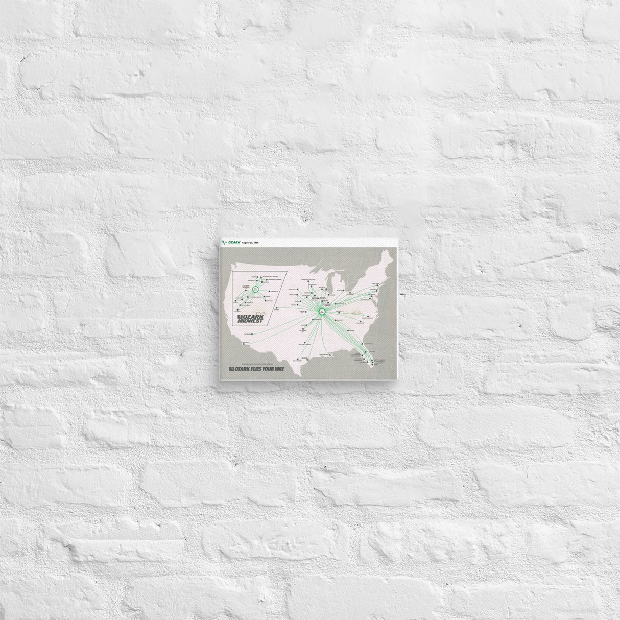 Ozark Airlines August 1986 Airline Map Canvas