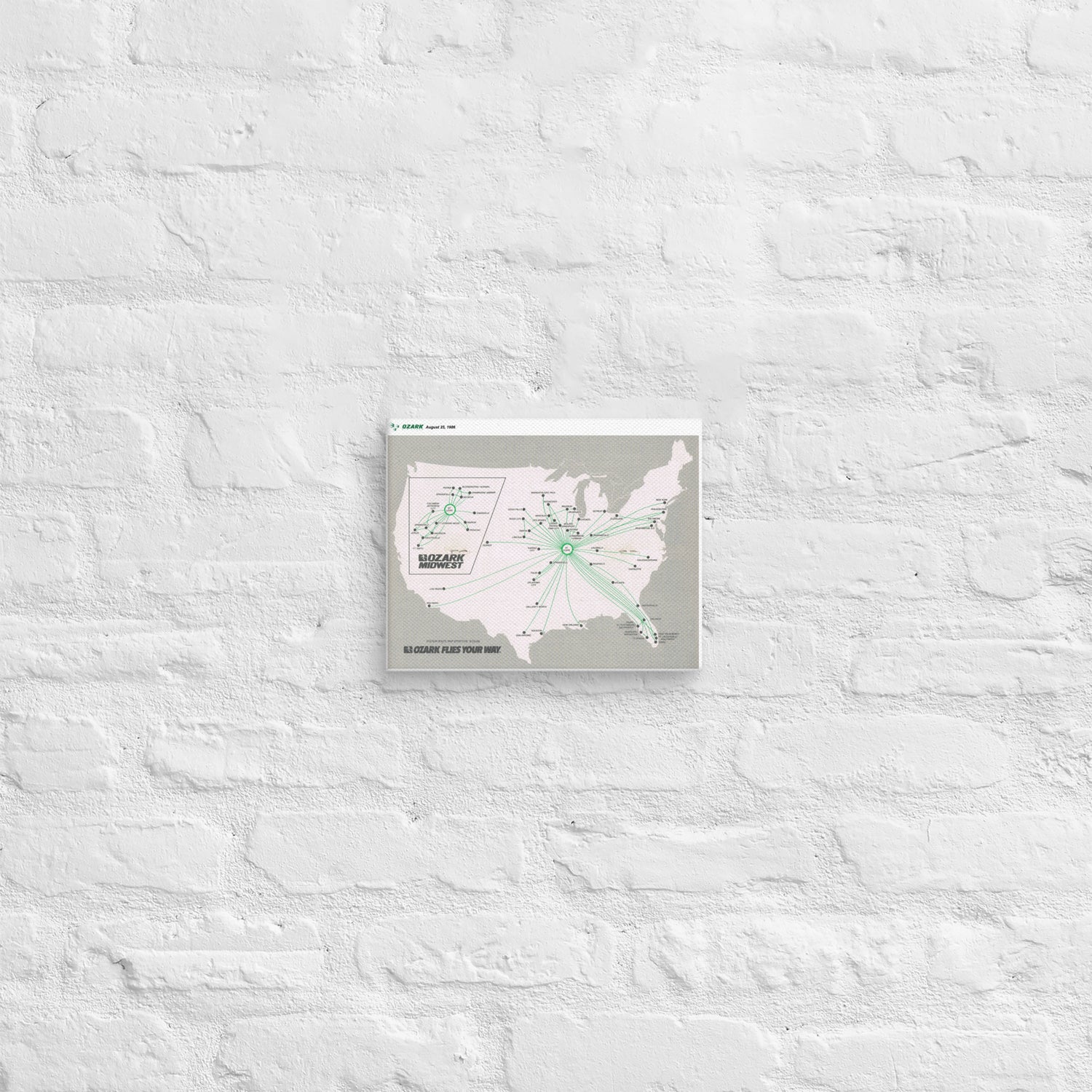 Ozark Airlines August 1986 Airline Map Canvas