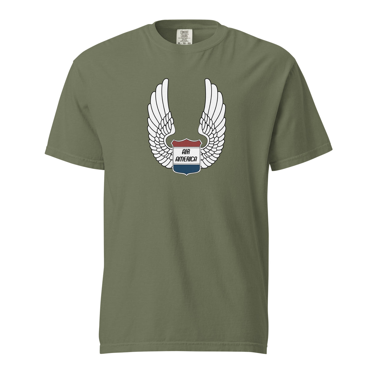 A green crew neck t-shirt with a graphic print of wings and the text 'AIR AMERICA' on the chest.