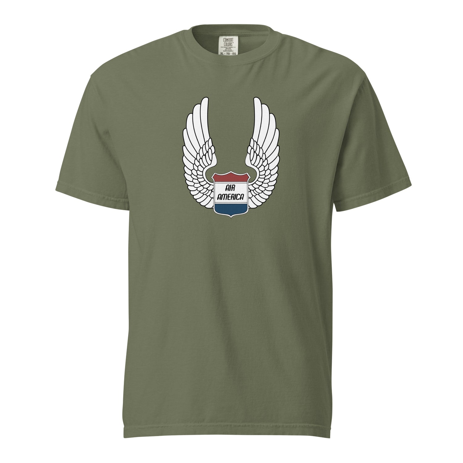A green crew neck t-shirt with a graphic print of wings and the text 'AIR AMERICA' on the chest.