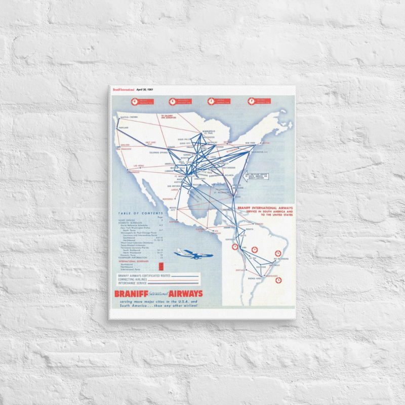 Braniff Airways April 1961 Airline Map Canvas
