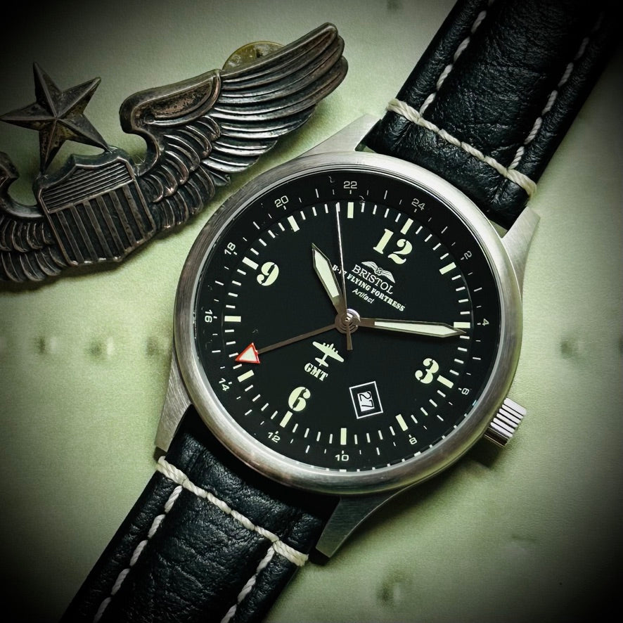 B-17 Tribute - Stainless Steel, Brush Finish, Black Dial, Black Leather Band with Stitching