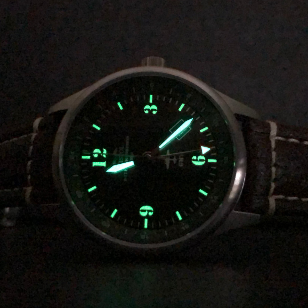 B-17 Tribute - Stainless Steel, Brush Finish, Black Dial, Black Leather Band with Stitching