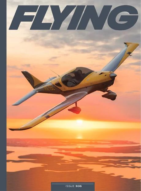 Magazine cover with an airplane flying over a sunset landscape, titled 'Flying'.