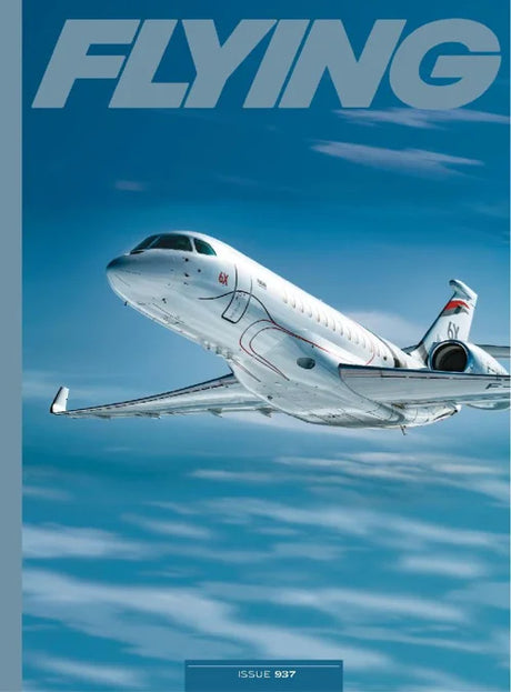 Airplane flying in the sky with 'FLYING' magazine cover text.