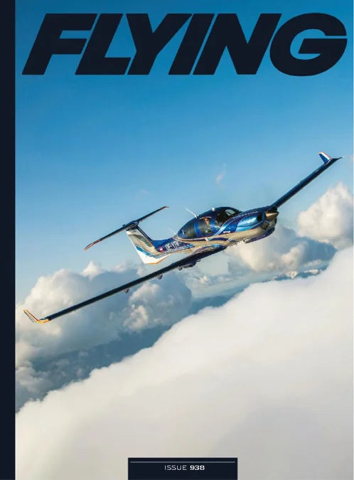 Magazine cover with a helicopter flying above clouds and 'FLYING' branding.