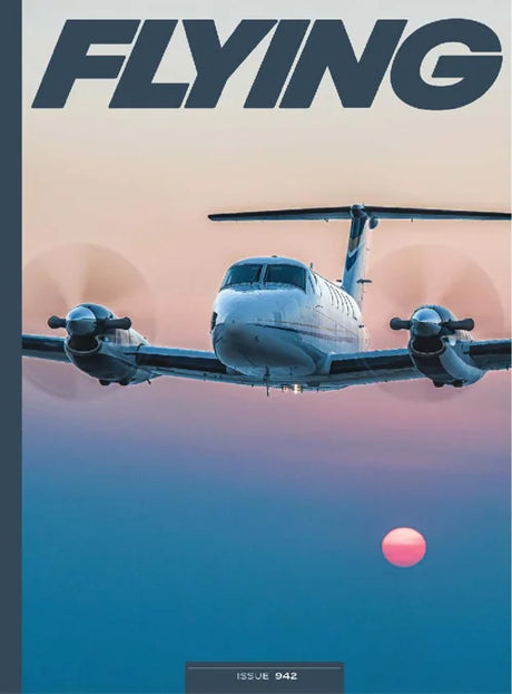 Magazine cover with an airplane and 'FLYING' text against a sunset sky.