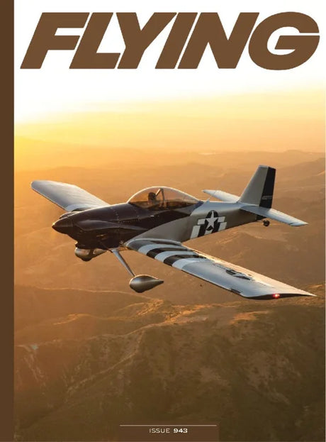 Magazine cover with an airplane flying over a mountainous landscape, featuring the word 'FLYING'.