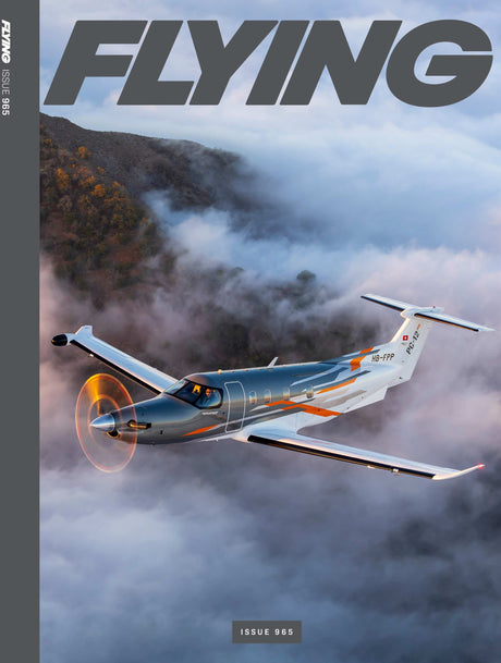 Magazine cover with an airplane flying over misty mountains and 'Flying' magazine title.