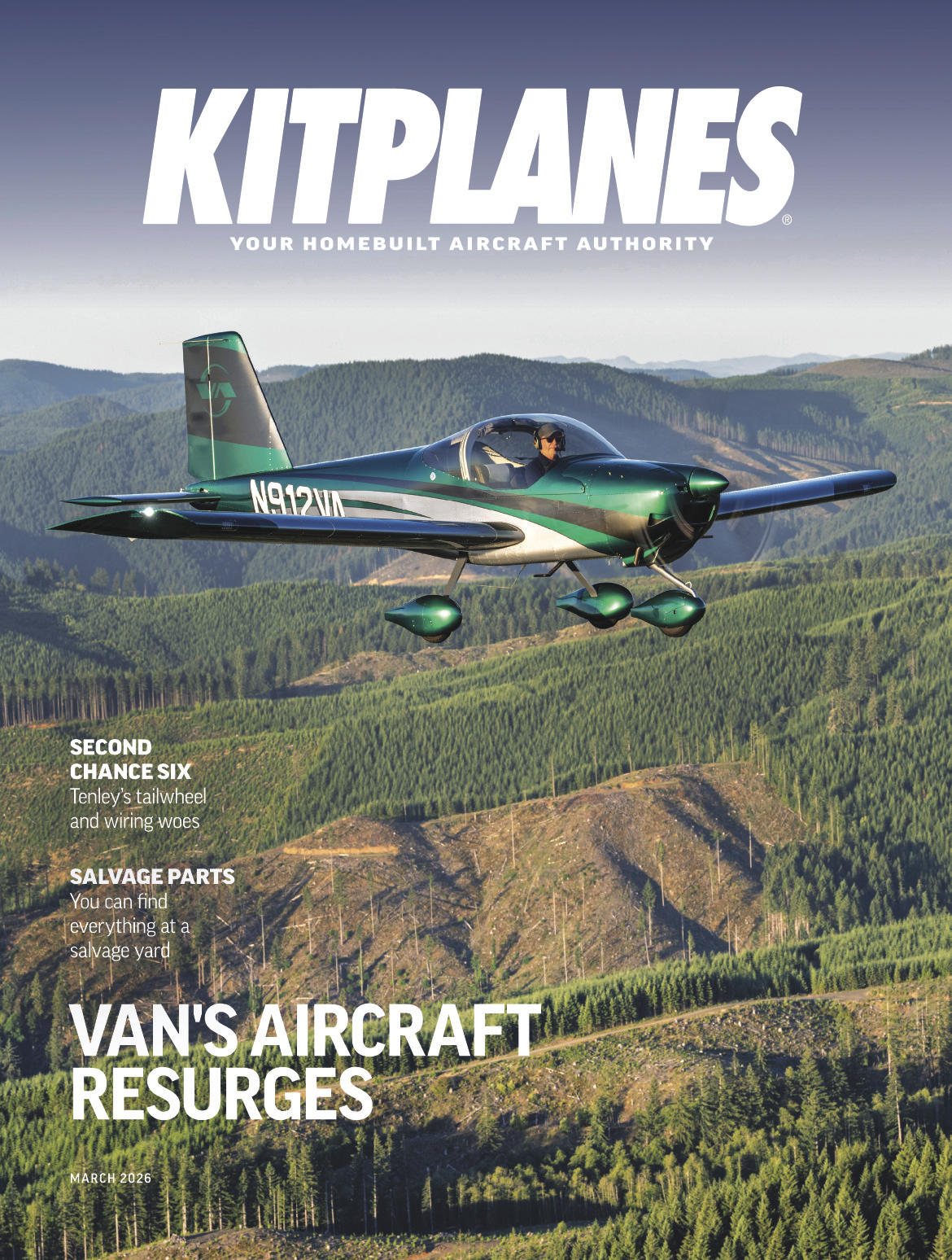 Magazine cover featuring a Van's Aircraft flying over a forested landscape with 'KITPLANES' branding.