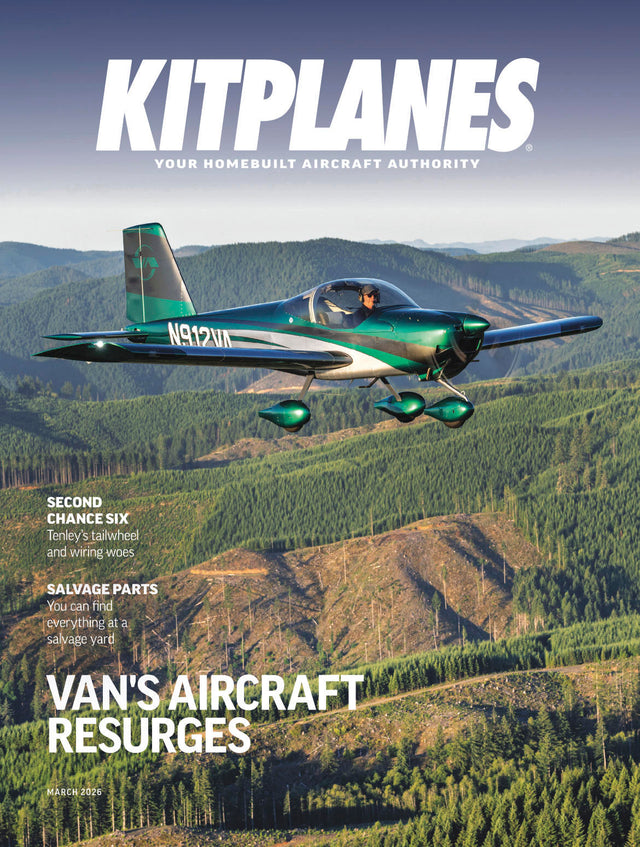 Magazine cover featuring a Van's Aircraft flying over a forested landscape with 'KITPLANES' branding.