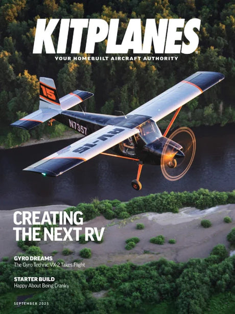 Magazine cover featuring a homebuilt aircraft with 'KITPLANES' branding and text about creating the next RV.
