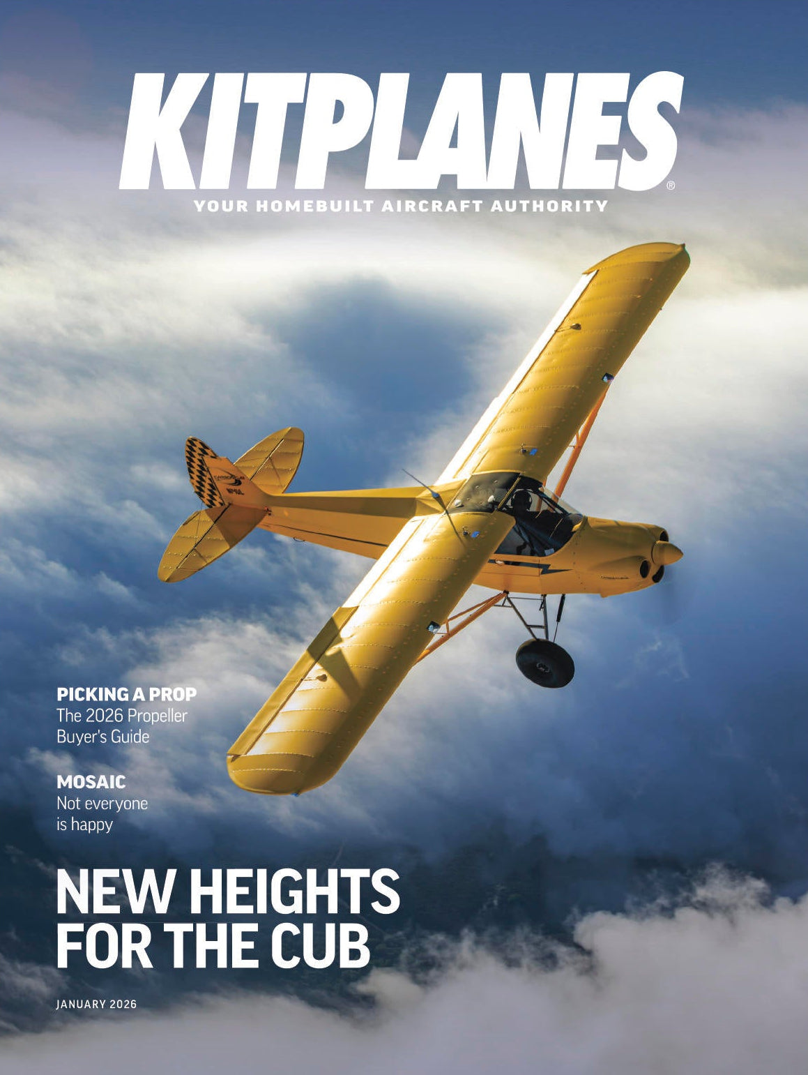 Magazine cover featuring a yellow airplane against a cloudy sky, with text about kitplanes and aircraft.