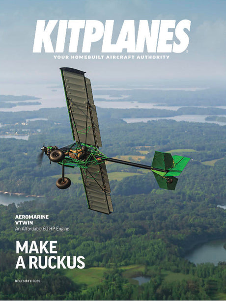 Magazine cover featuring a green biplane flying over a forested area with 'KITPLANES' branding.