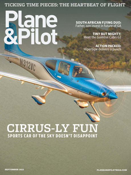 Plane & Pilot magazine cover with a Cirrus airplane over water