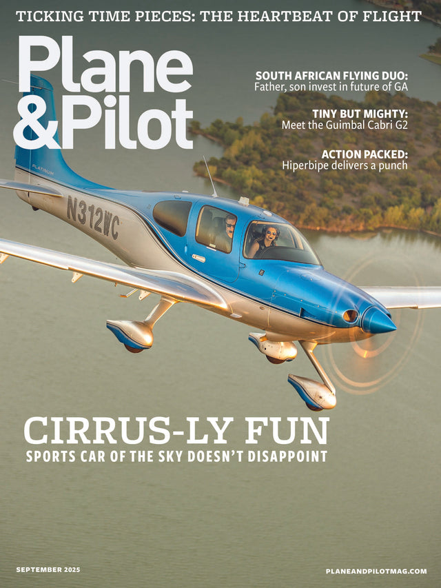 Plane & Pilot magazine cover with a Cirrus airplane over water