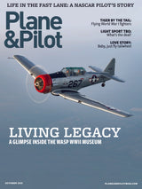 Magazine cover featuring a World War II fighter plane with text about a Nascar pilot's story and museum visit.