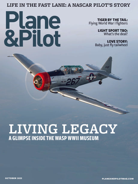 Magazine cover featuring a World War II fighter plane with text about a Nascar pilot's story and museum visit.