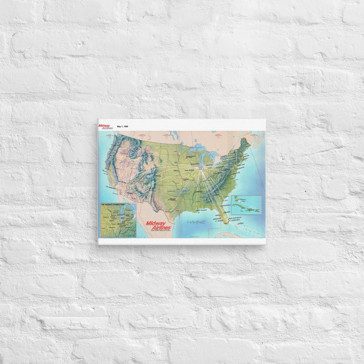 Midway Airlines May 1989 Airline Map Canvas