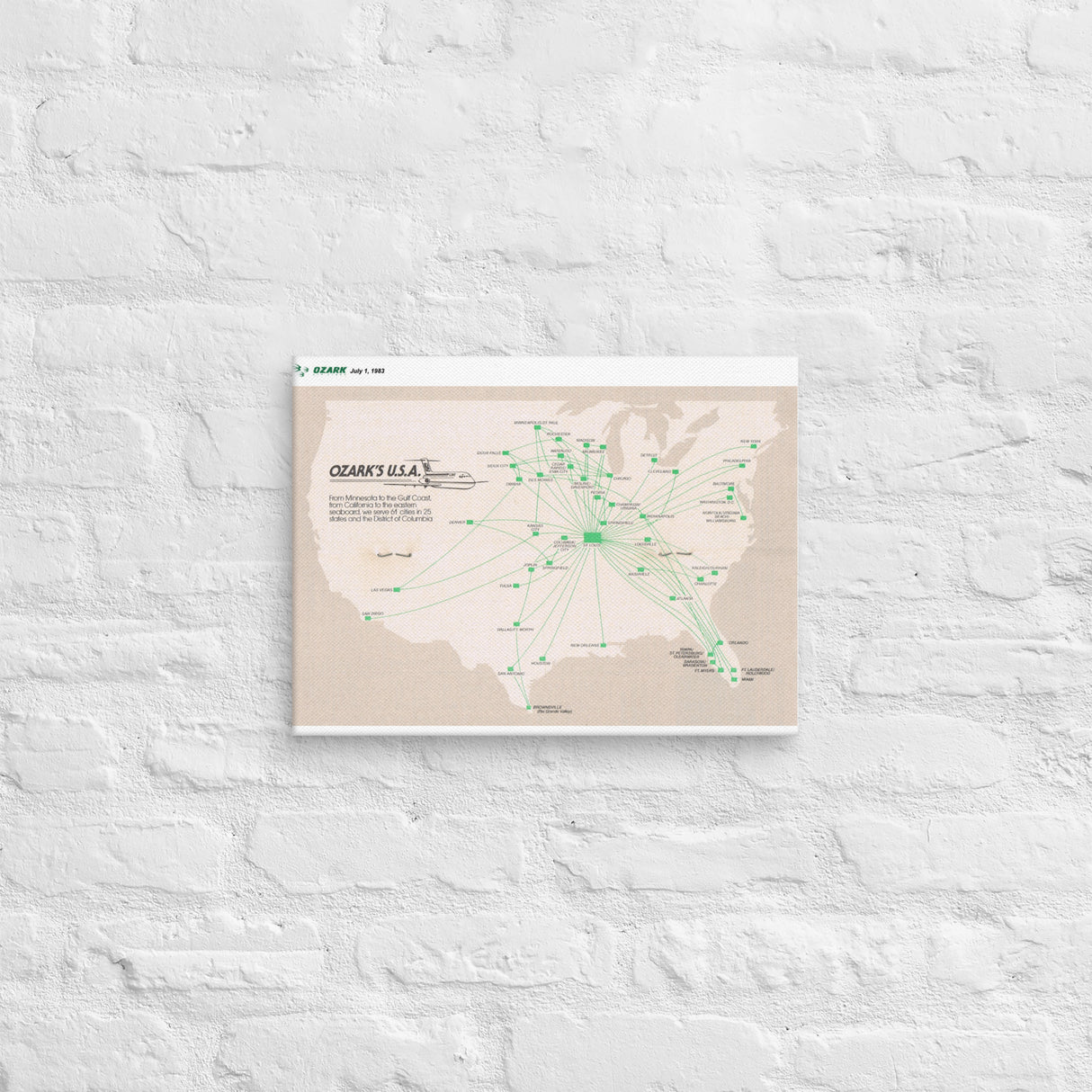 Ozark Airlines July 1982 Airline Map Canvas