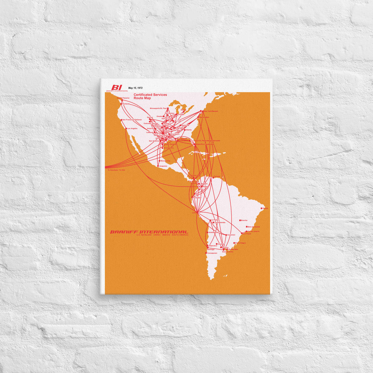 Braniff International May 1972 Airline Map Canvas
