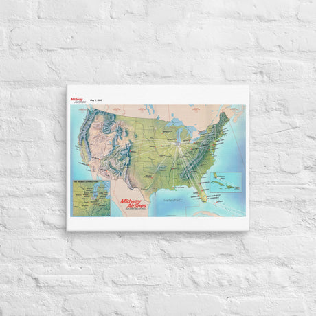 Midway Airlines May 1989 Airline Map Canvas