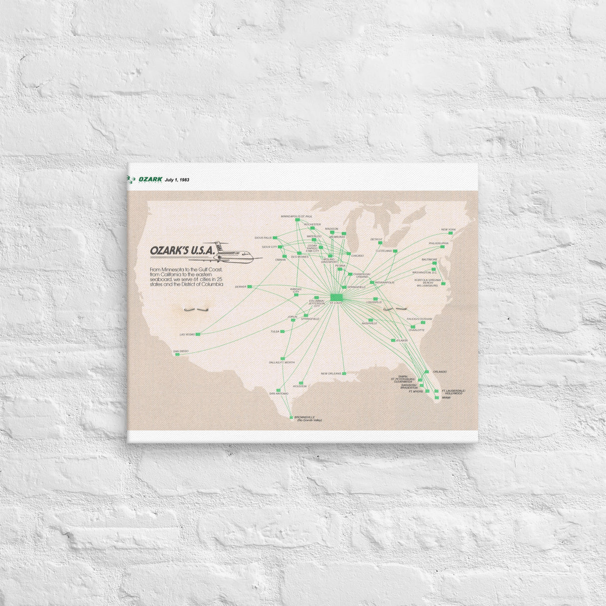 Ozark Airlines July 1982 Airline Map Canvas