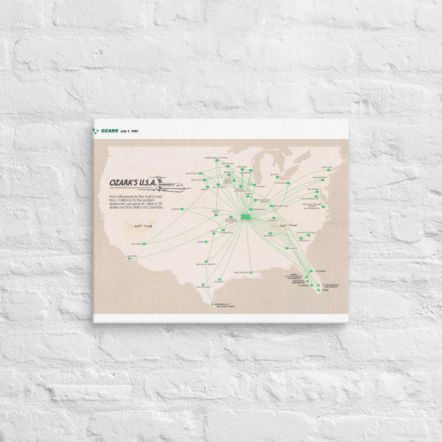 Ozark Airlines July 1982 Airline Map Canvas