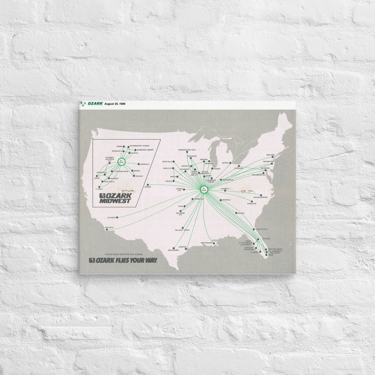 Ozark Airlines August 1986 Airline Map Canvas