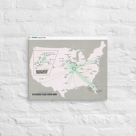 Ozark Airlines August 1986 Airline Map Canvas
