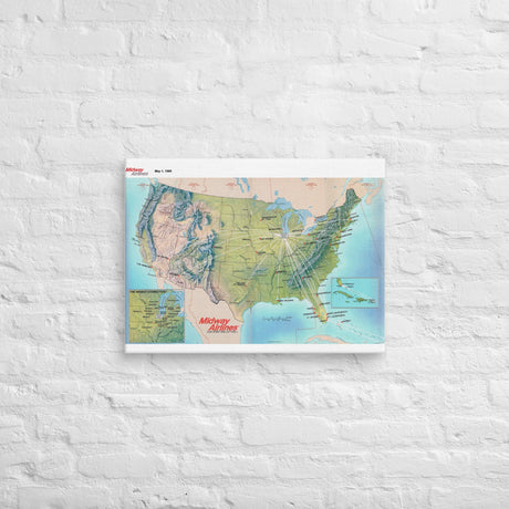Midway Airlines May 1989 Airline Map Canvas