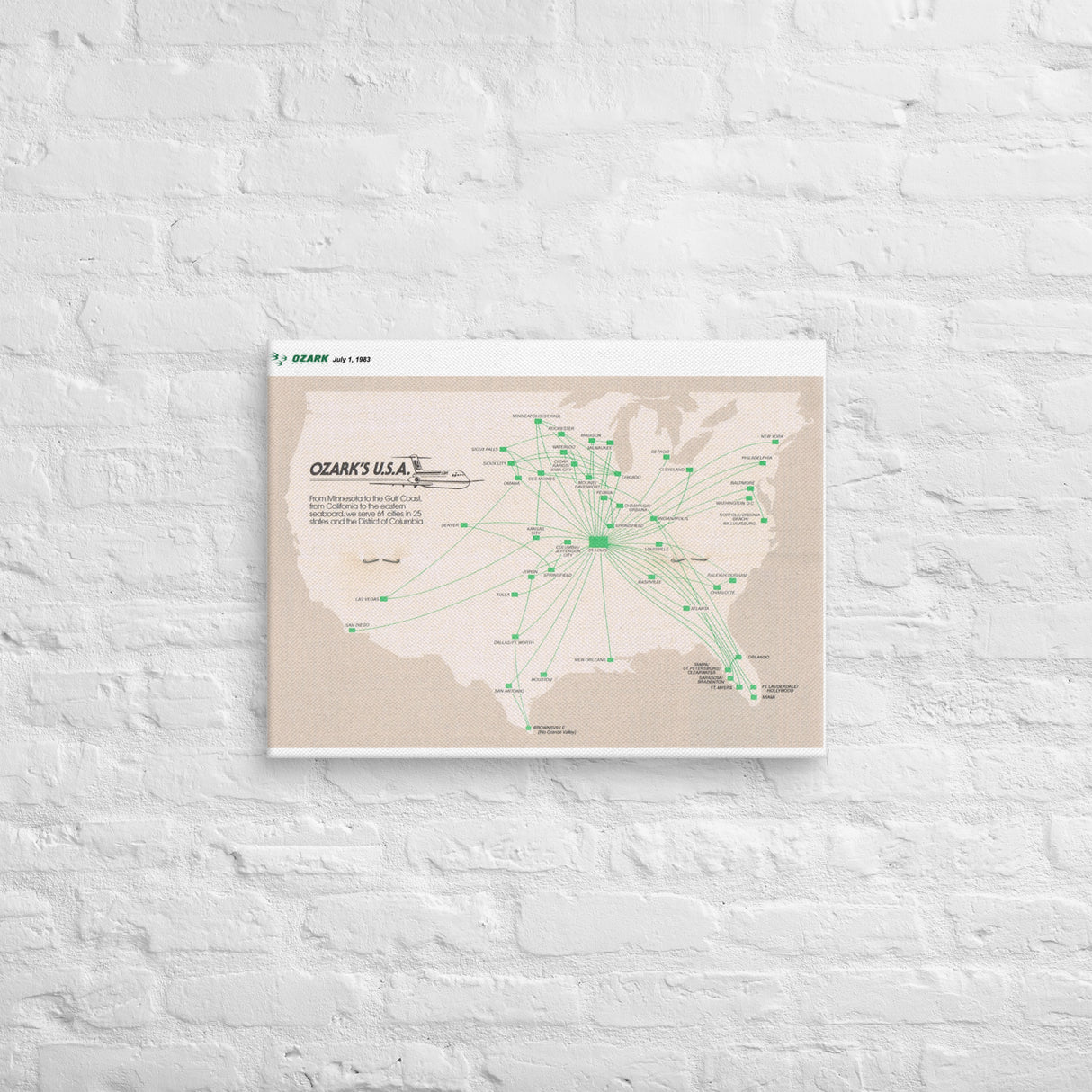 Ozark Airlines July 1982 Airline Map Canvas